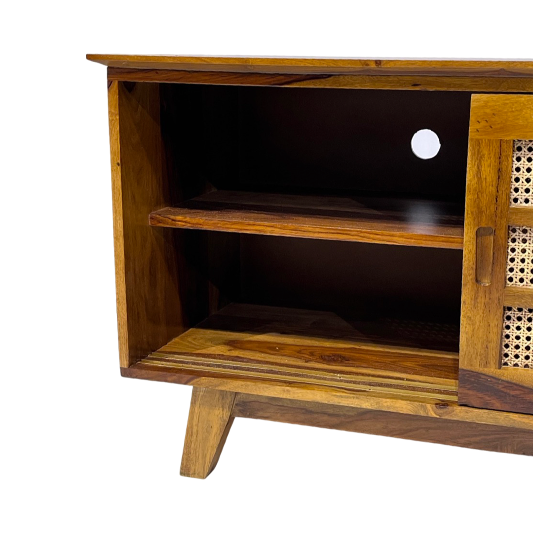 Upgrade your living room with our Natural Cane Weaved Solid Wood TV Unit, made with sheesham wood. Shop Wicker & rattan TV stand / Unit near you in Bangalore