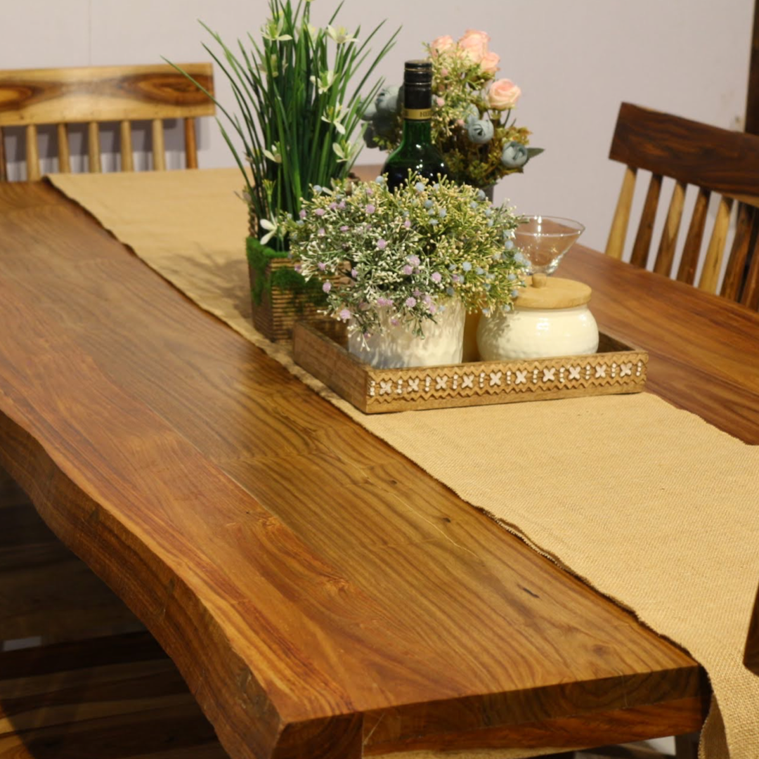 Elevate your dining room with Our sheesham wood made Alexa Live edge Dining Table Set with designer chairs. Buy Luxury six seater dining table today !