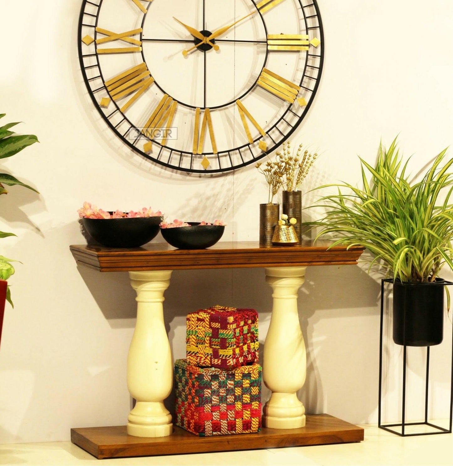 Elevate your living room with our durable and stylish Royal console table, made from sheesham wood with white solid round legs. Add a touch of elegance today!