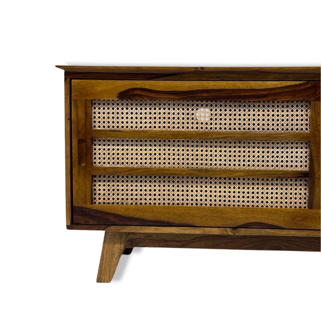 Upgrade your living room with our Natural Cane Weaved Solid Wood TV Unit, made with sheesham wood. Shop Wicker & rattan TV stand / Unit near you in Bangalore