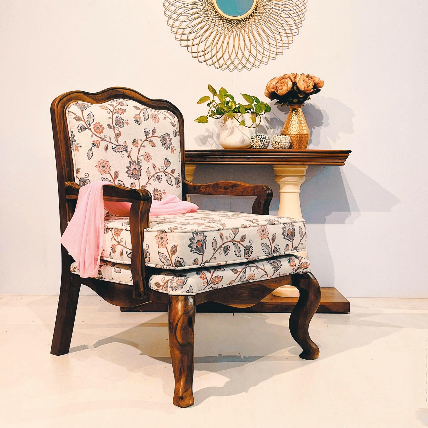 Elevate your living room with our durable and stylish Royal console table, made from sheesham wood with white solid round legs. Add a touch of elegance today!