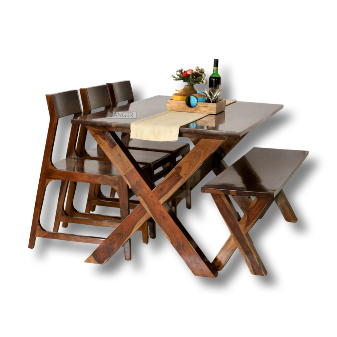 Looking for a space saving and stylish dining table set? Buy our space saving sheesham wood Liner Dining Set With Bench near you in Bangalore.