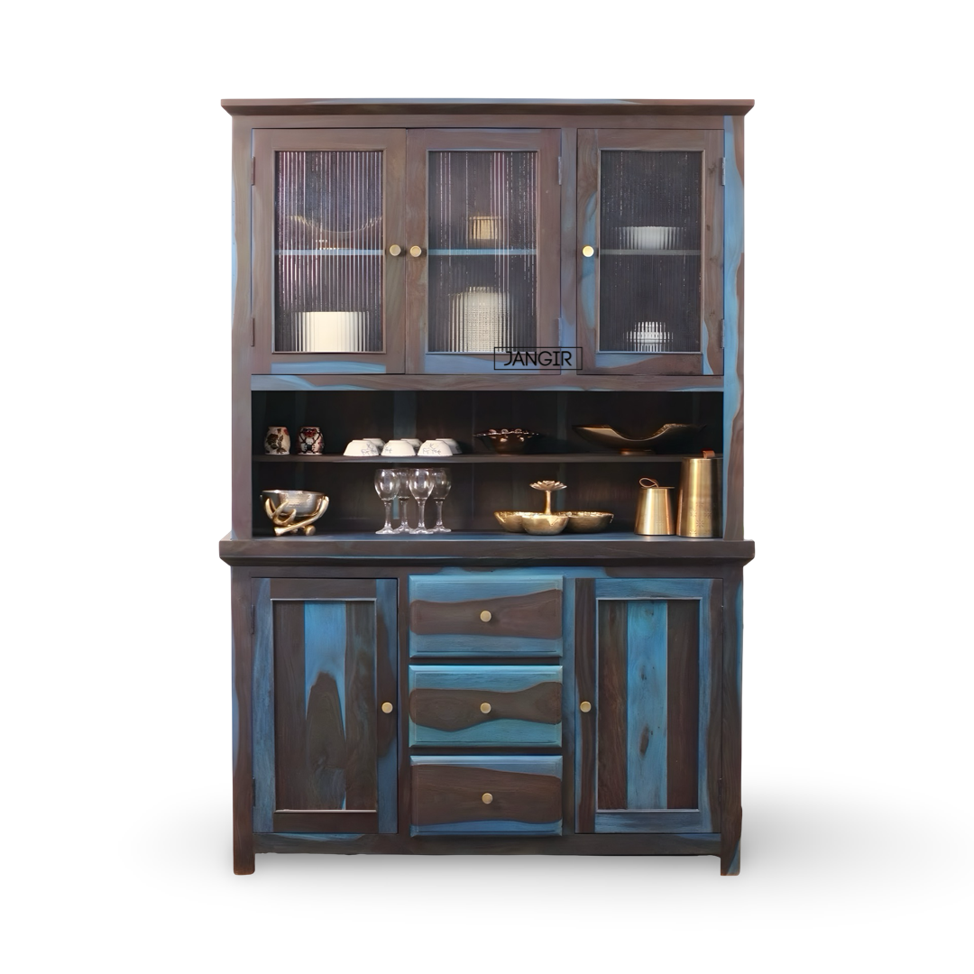 Elevate your dining space with the premium Blue Sheesham Wood Crockery Unit. Shop now for elegant crockery storage solutions near you in Bangalore