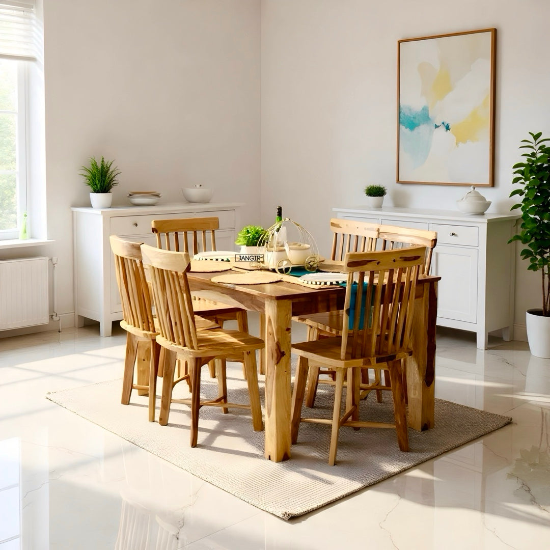 Transform Your Space with a Classic Farmhouse Style Dining Table Set six seater, Made from solid Sheesham Wood. Buy wooden dining table near you in Bangalore