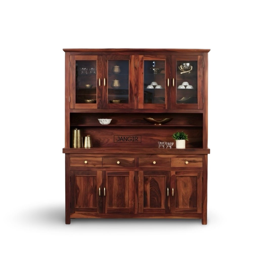 Elevate your dining space with our marval Sheesham Wood Crockery Unit. Buy now for sleek designer kitchen cabinet storage solutions near you in Bangalore