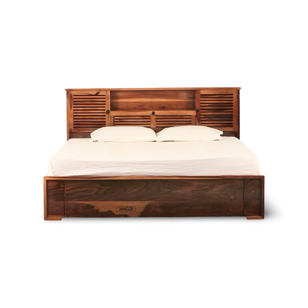 Discover the elegant Sheesham wood bed with sleek headboard storage. Buy king and queen size wooden beds near you in Bangalore to enhance your bedroom space!