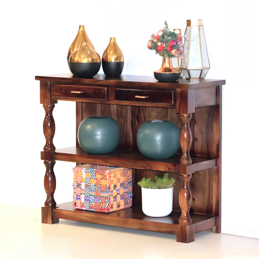 Elevate your space with this versatile Remedy Solid Wood Console Table, crafted from sheesham wood. Shop console table with storage for living room. Shop now!