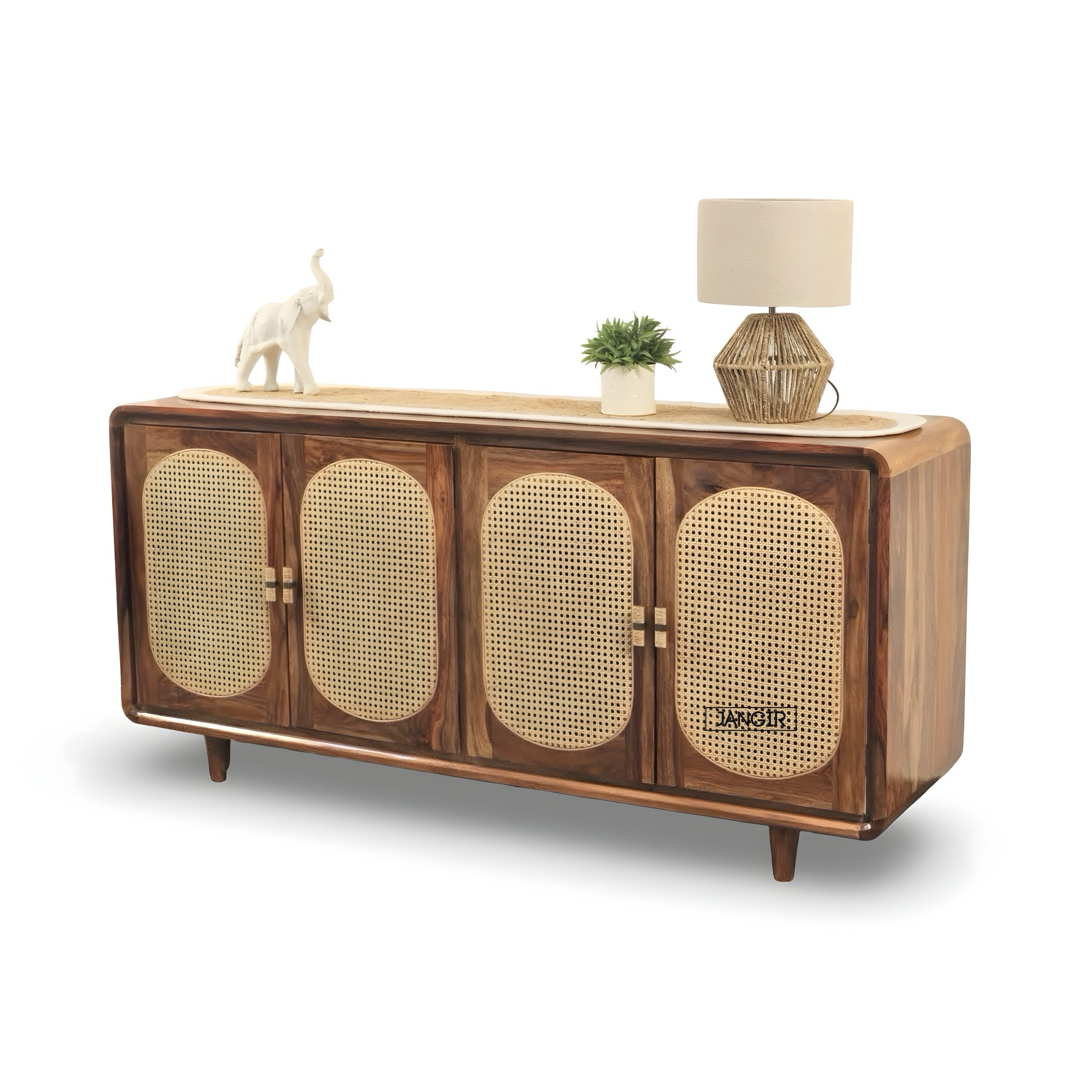 Elevate your home with the Parker Round Edge Cane Cabinet, sheesham wood made. Shop Rattan - Wicker Sideboard / cabinets online or near you in Bangalore today!