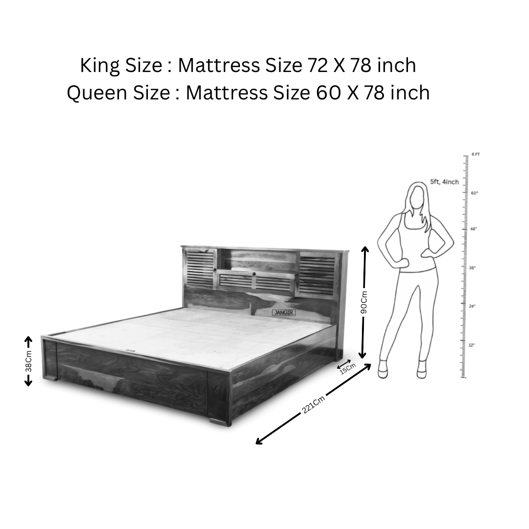 Discover the elegant Sheesham wood bed with sleek headboard storage. Buy king and queen size wooden beds near you in Bangalore to enhance your bedroom space!
