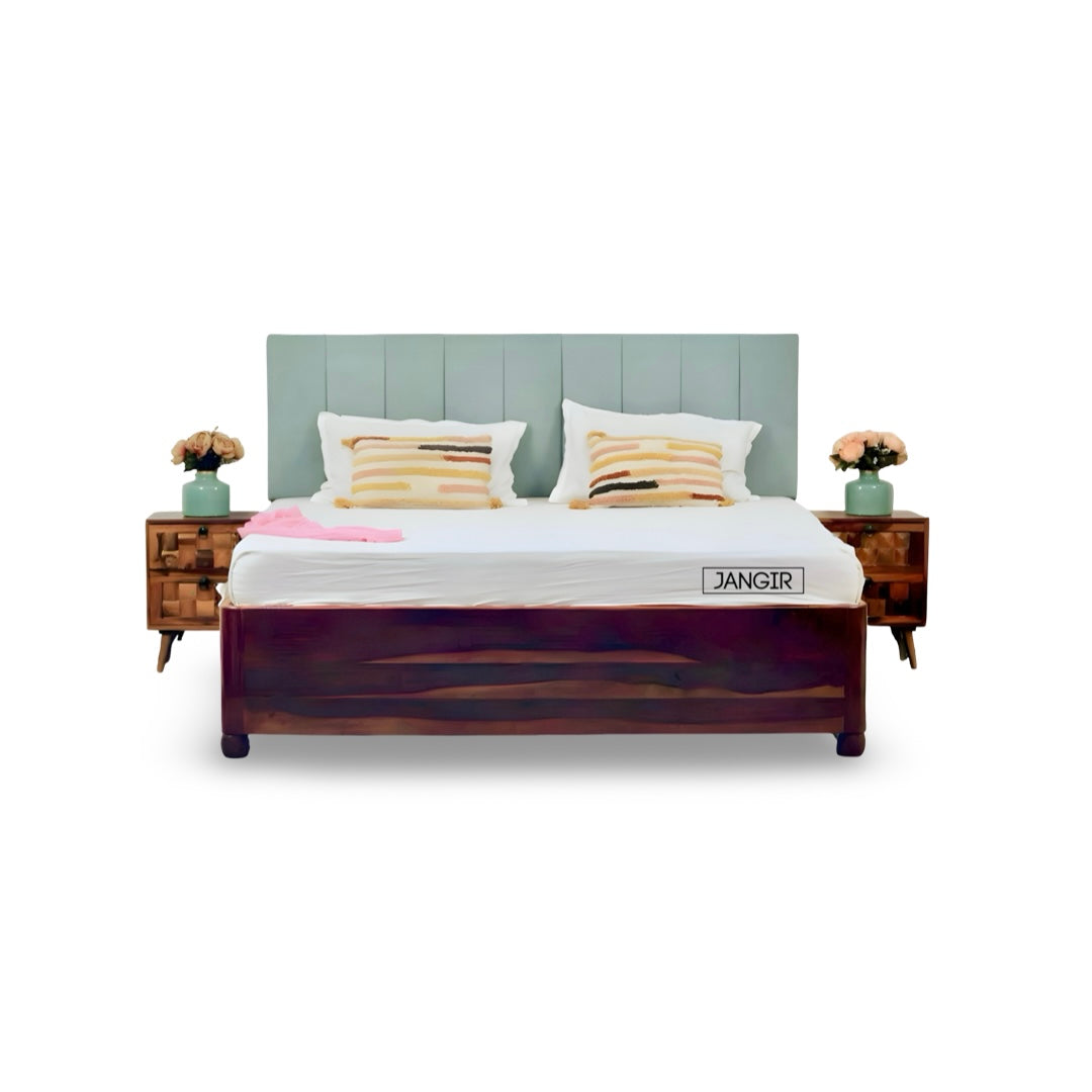 Upgrade your space with solid sheesham wood made Edge less storage bed. Buy king & queen size premium upholstery headboard wooden bed near you in Bangalore!