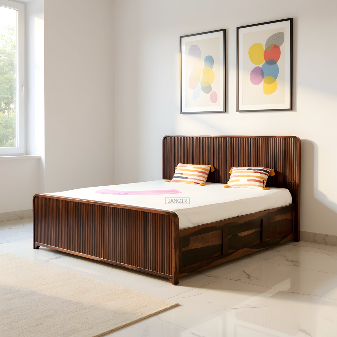 Upgrade your bedroom with our sheesham wood Strriper Solid Wood Storage Bed. Buy king size and queen size designer double bed near you in Bangalore!
