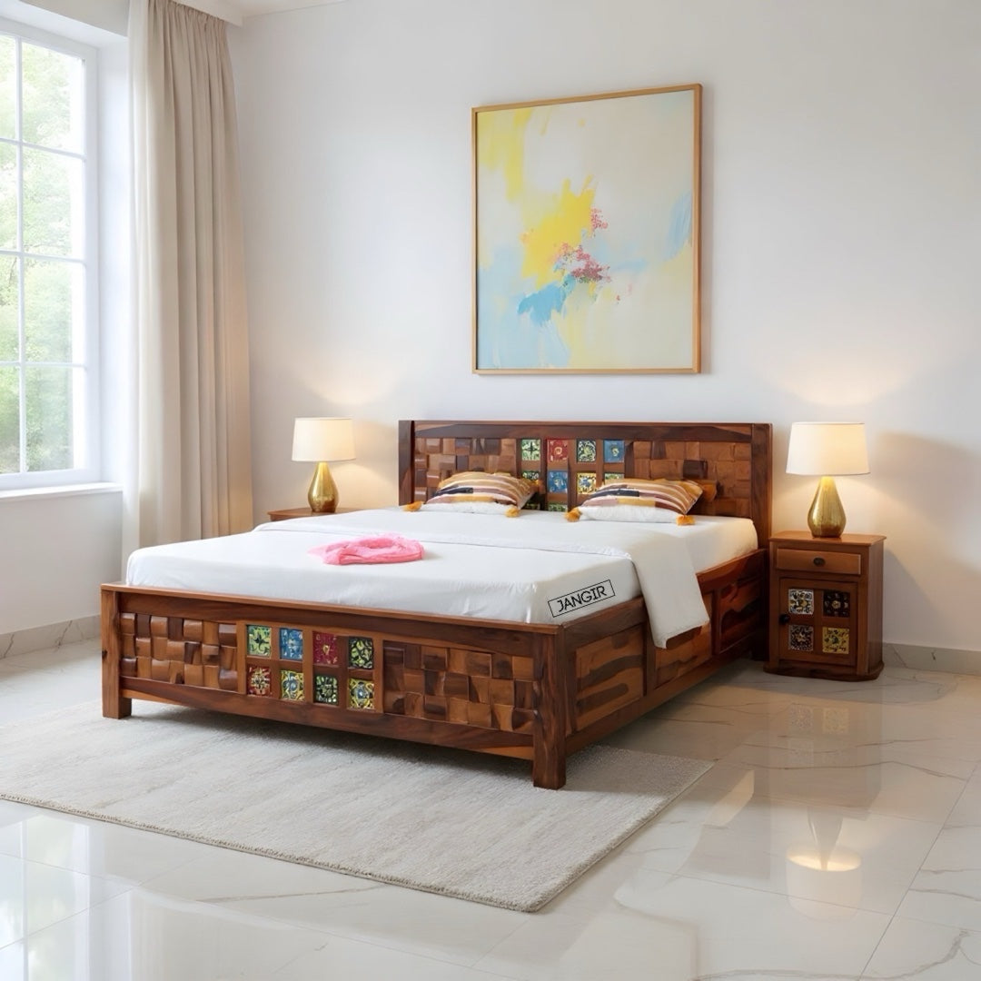 Tiles Solid Wood Storage Bed