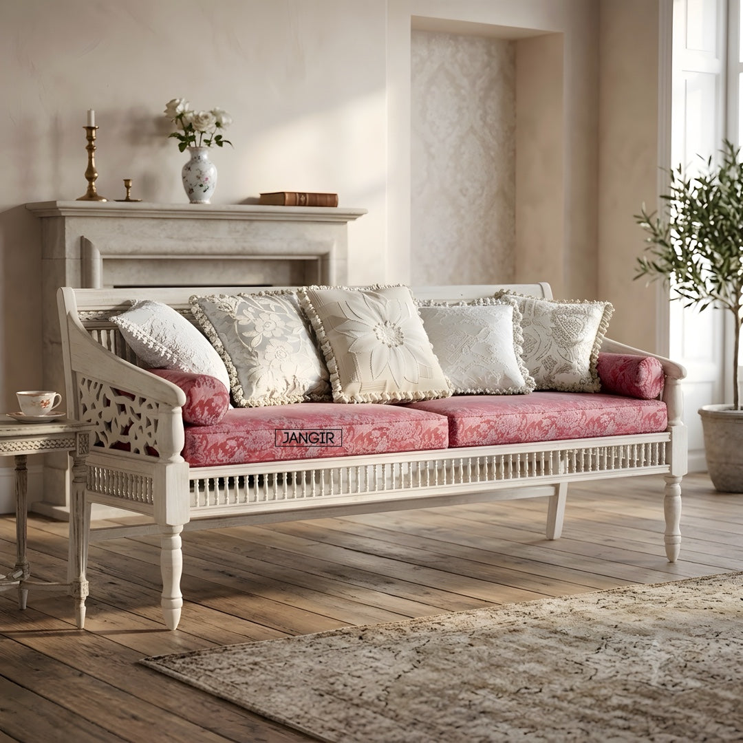 Discover the timeless beauty of our white rustic carved sofa. Made with sheesham wood, Adds elegance and charm to your living space with Antique Carved Sofa Set