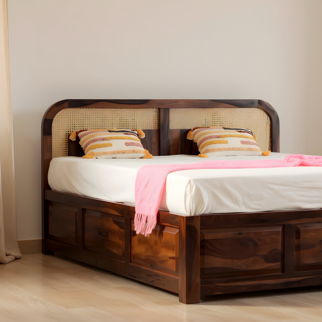 Upgrade your bedroom with Solid Wood Cane Bed made from Sheesham Wood. Buy King & Queen Size bed options with storage near you in Bangalore now!