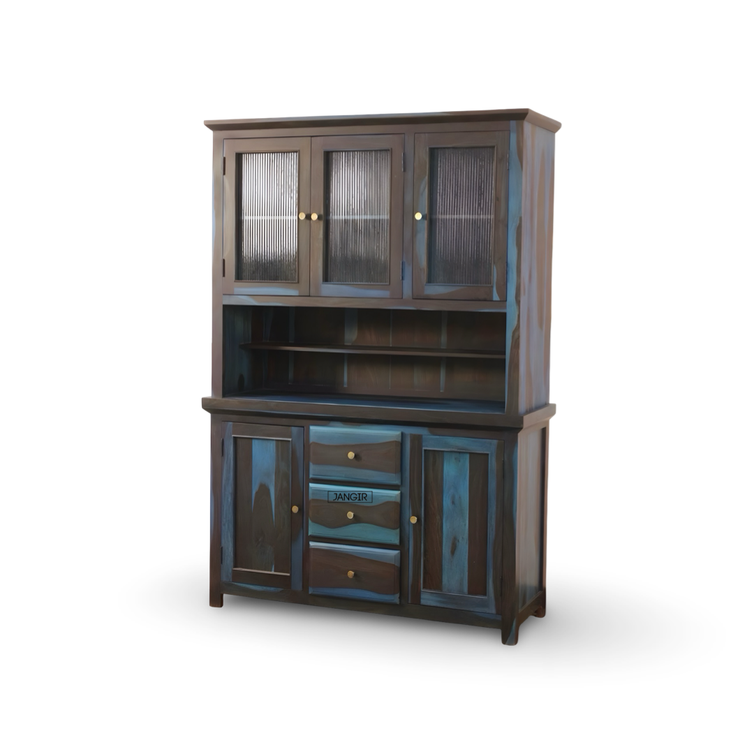 Elevate your dining space with the premium Blue Sheesham Wood Crockery Unit. Shop now for elegant crockery storage solutions near you in Bangalore