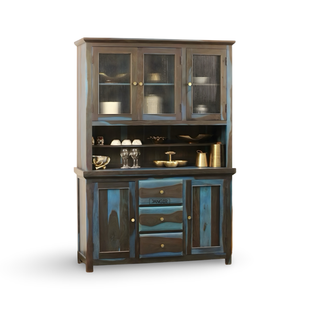 Elevate your dining space with the premium Blue Sheesham Wood Crockery Unit. Shop now for elegant crockery storage solutions near you in Bangalore