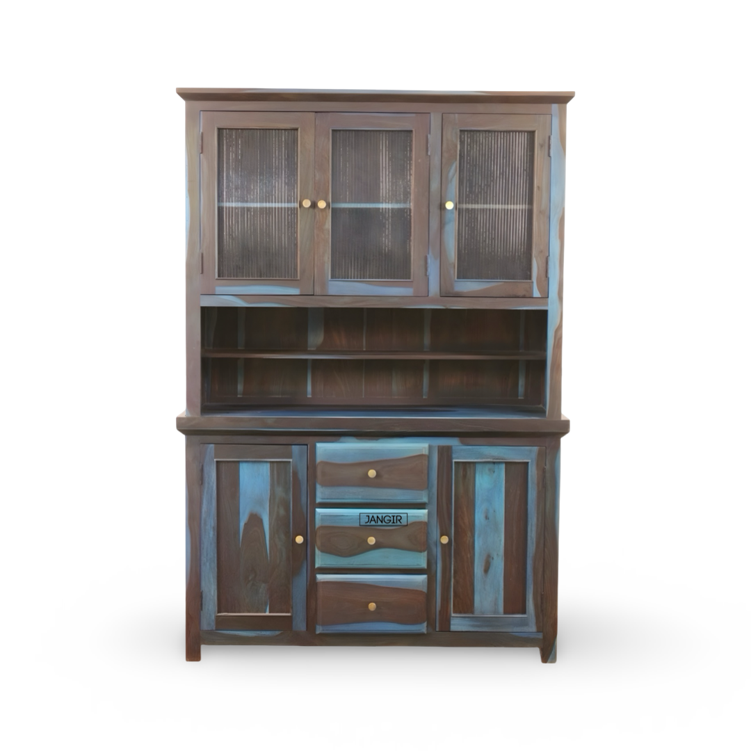 Elevate your dining space with the premium Blue Sheesham Wood Crockery Unit. Shop now for elegant crockery storage solutions near you in Bangalore