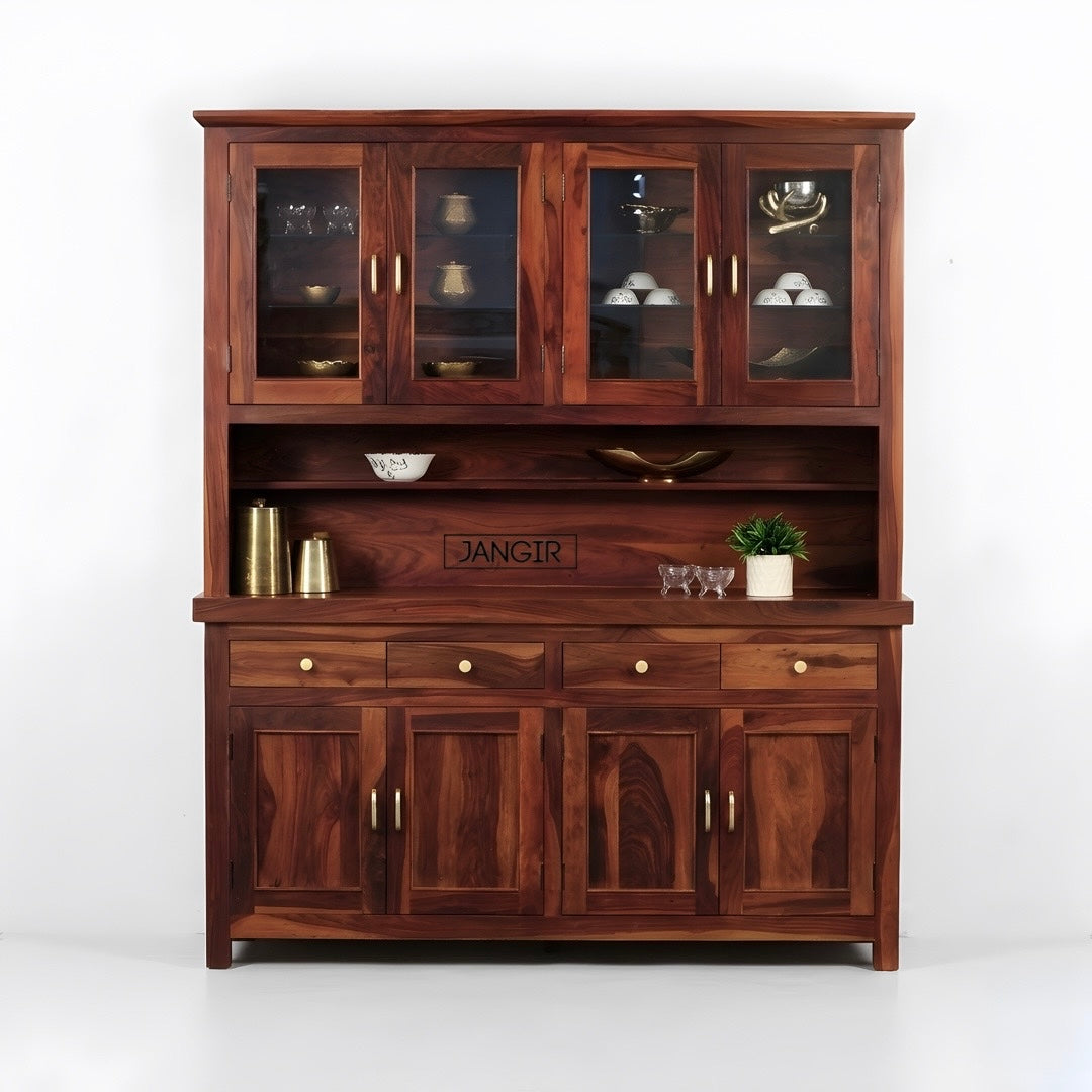 Elevate your dining space with our marval Sheesham Wood Crockery Unit. Buy now for sleek designer kitchen cabinet storage solutions near you in Bangalore