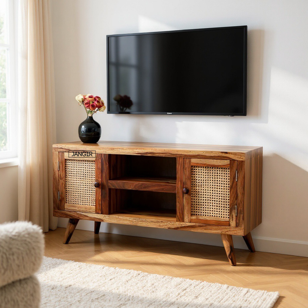 Elevate your home with our Sapphire Cane Weaved TV Unit, sheesham wood made. Shop Wooden rattan / wicker TV Stand near you in Bangalore