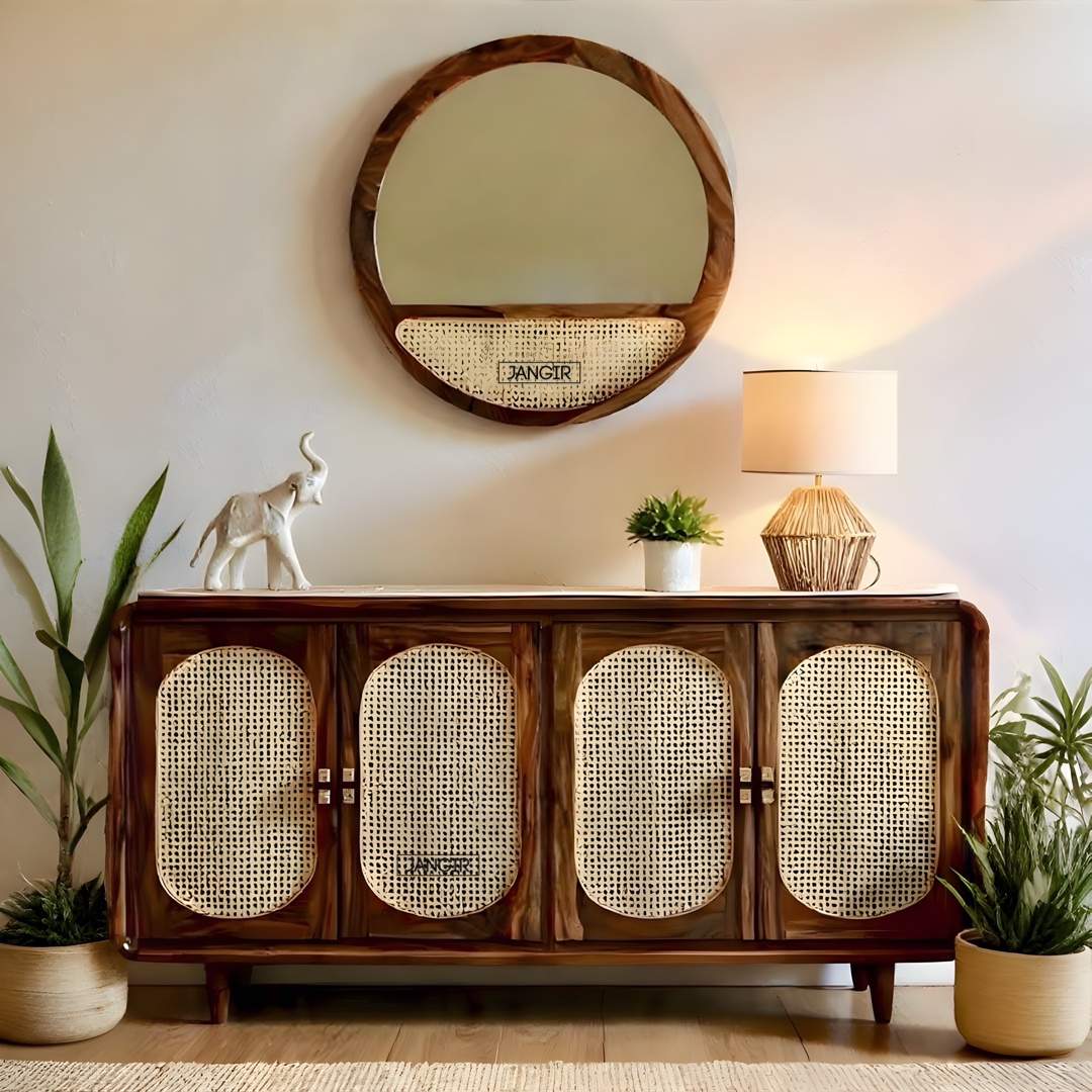 Elevate your home with the Parker Round Edge Cane Cabinet, sheesham wood made. Shop Rattan - Wicker Sideboard / cabinets online or near you in Bangalore today!