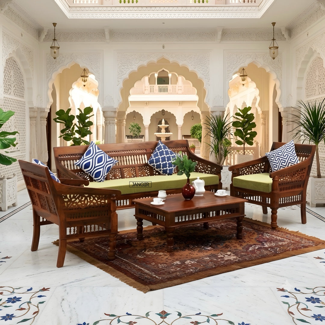 Discover the timeless beauty of our white rustic carved sofa. Made with sheesham wood, Adds elegance and charm to your living space with Antique Carved Sofa Set