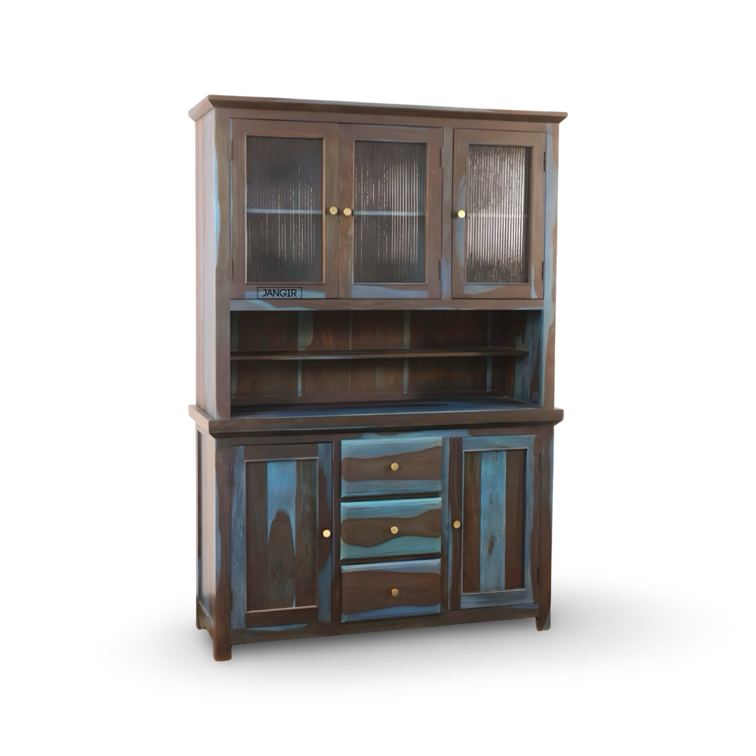 Elevate your dining space with the premium Blue Sheesham Wood Crockery Unit. Shop now for elegant crockery storage solutions near you in Bangalore