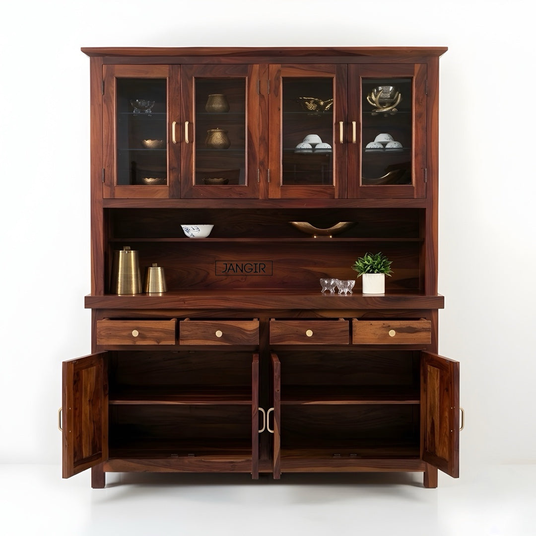 Elevate your dining space with our marval Sheesham Wood Crockery Unit. Buy now for sleek designer kitchen cabinet storage solutions near you in Bangalore