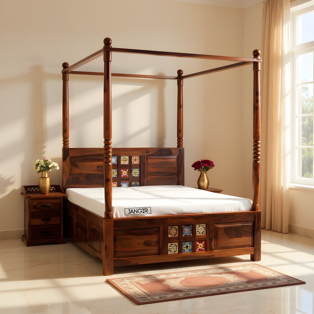 Transform your bedroom with our sheesham wood traditional tiles poster bed. Shop king and queen size four poster bed with storage near you in Bangalore today!