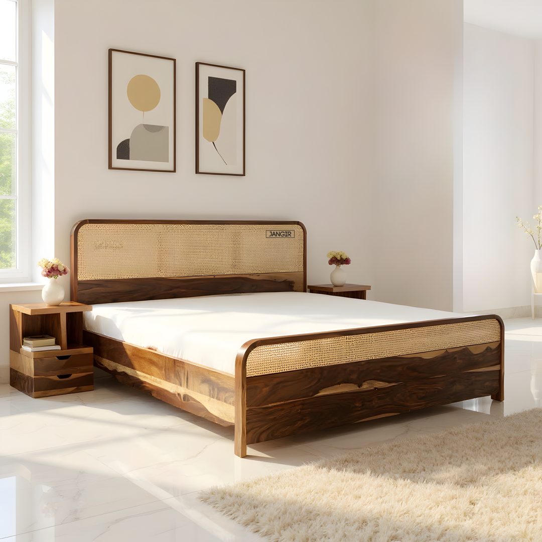 Upgrade your bedroom with our designer Treat Solid Wood Cane Bed, crafted from sheesham wood and wicker. Buy king and queen size rattan storage beds today!