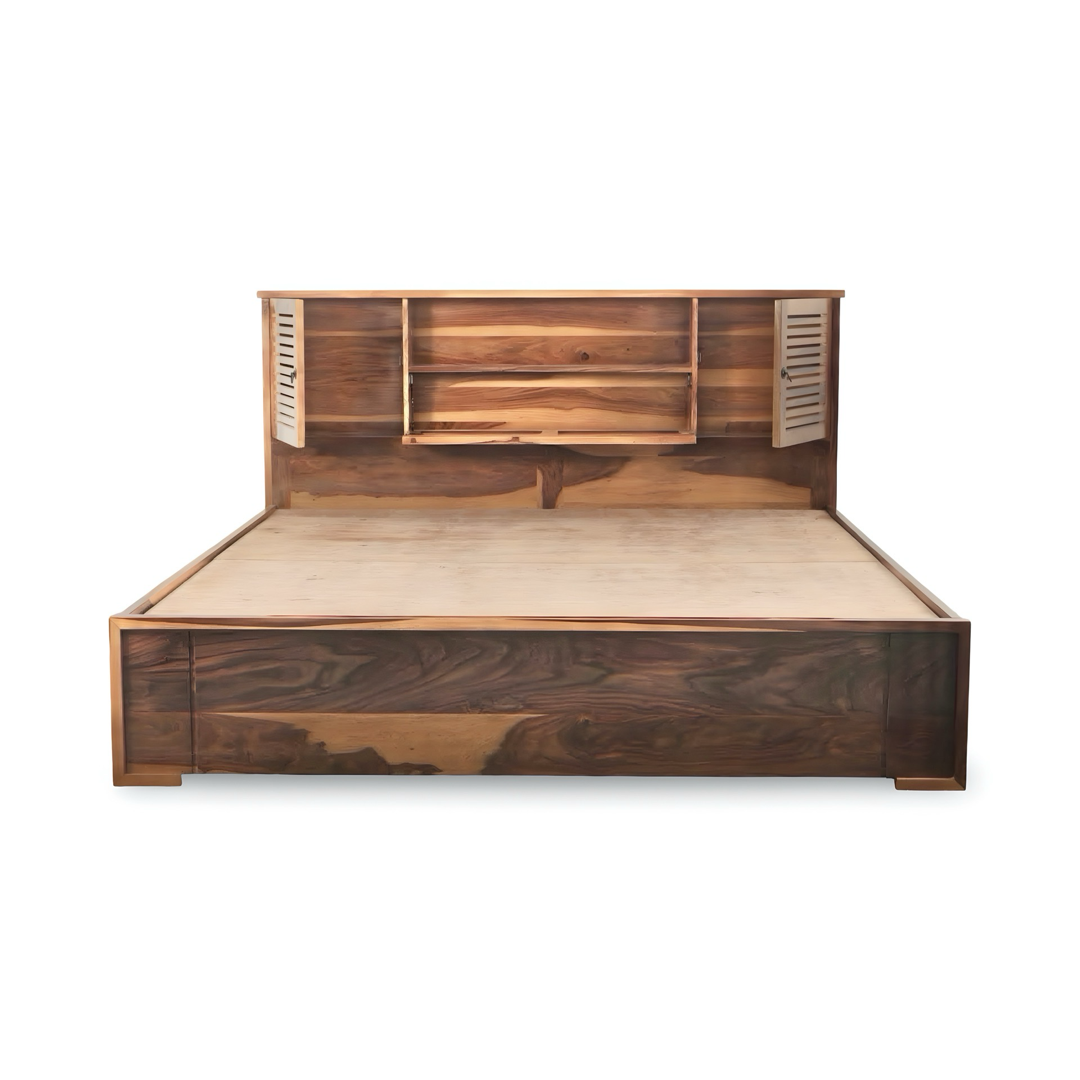 Discover the elegant Sheesham wood bed with sleek headboard storage. Buy king and queen size wooden beds near you in Bangalore to enhance your bedroom space!