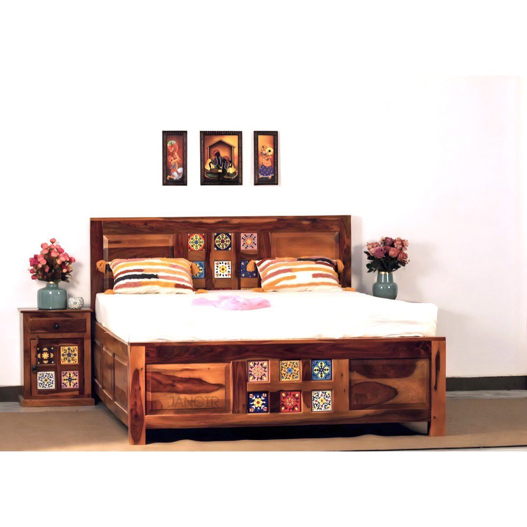 "Transform your bedroom with our exquisite collection of Tiles Plane Solid Wood Storage Bed, with traditional Rajasthani tile designs while experiencing true comfort in king or queen size variants.