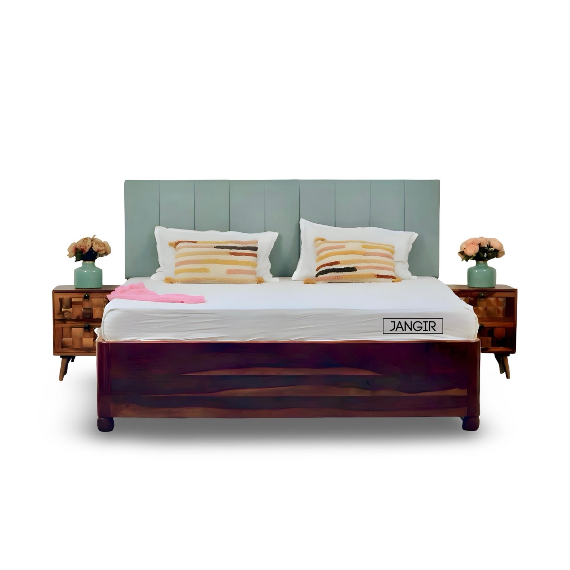 Upgrade your space with solid sheesham wood made Edge less storage bed. Buy king & queen size premium upholstery headboard wooden bed near you in Bangalore!