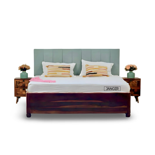 Upgrade your space with solid sheesham wood made Edge less storage bed. Buy king & queen size premium upholstery headboard wooden bed near you in Bangalore!