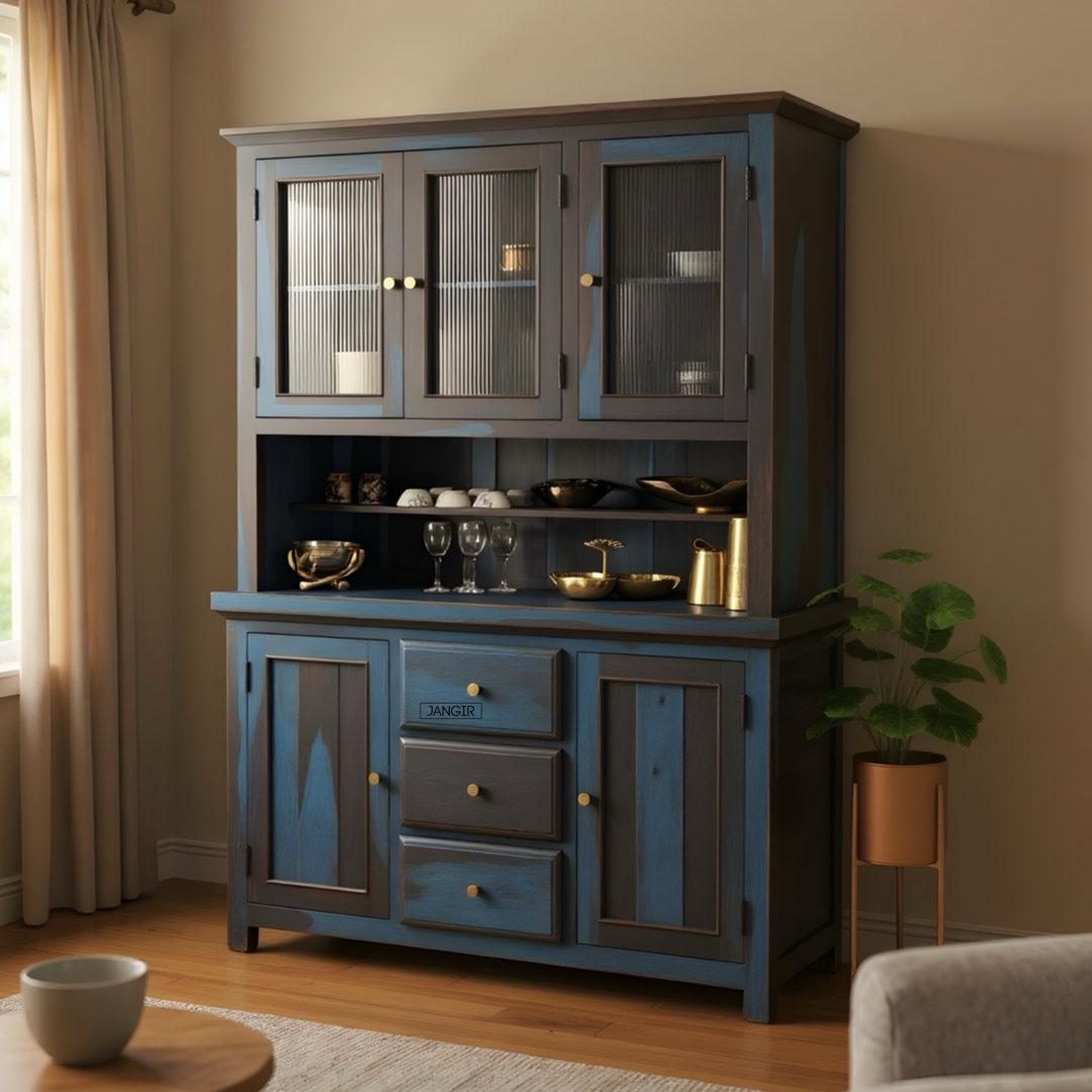 Elevate your dining space with the premium Blue Sheesham Wood Crockery Unit. Shop now for elegant crockery storage solutions near you in Bangalore