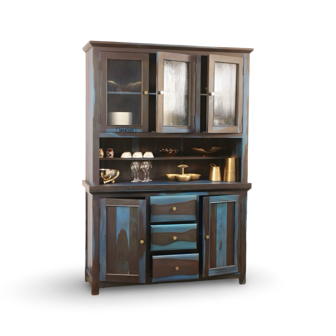 Elevate your dining space with the premium Blue Sheesham Wood Crockery Unit. Shop now for elegant crockery storage solutions near you in Bangalore