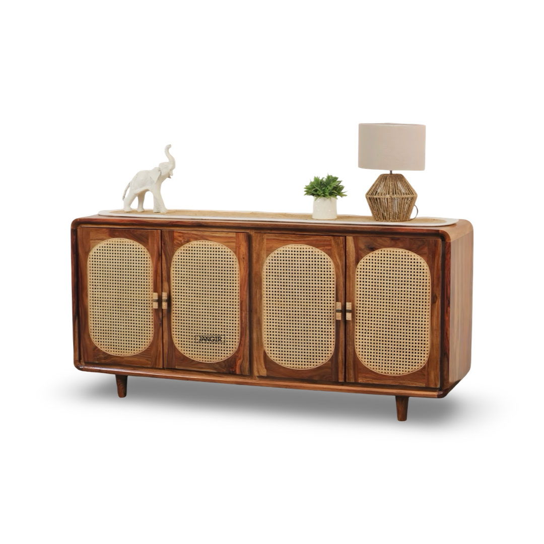 Elevate your home with the Parker Round Edge Cane Cabinet, sheesham wood made. Shop Rattan - Wicker Sideboard / cabinets online or near you in Bangalore today!