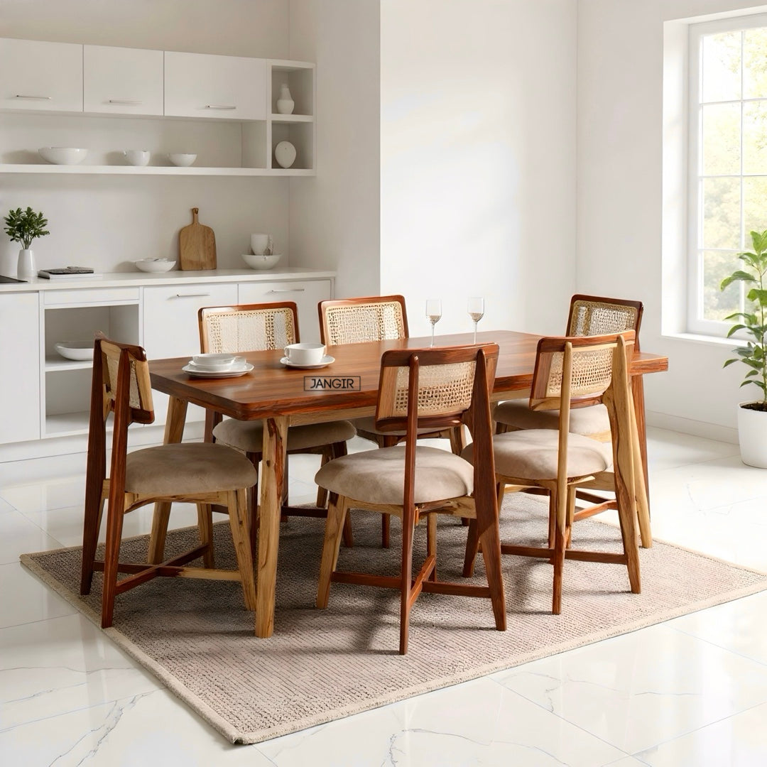 Elevate your dining experience with our sheesham wood live edge dining table paired with stylish and durable cane chairs. Buy near you in Bangalore today