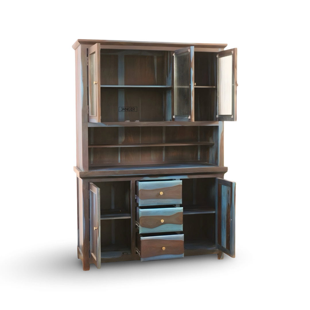 Elevate your dining space with the premium Blue Sheesham Wood Crockery Unit. Shop now for elegant crockery storage solutions near you in Bangalore