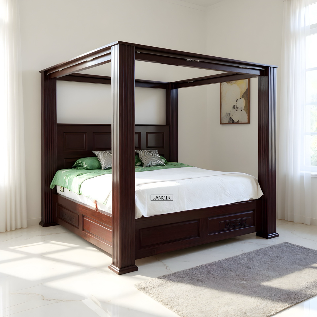 Experience luxury sleep with our sheesham poster bed. Shop king and queen size designer four poster bed with storage options near you in Bangalore!