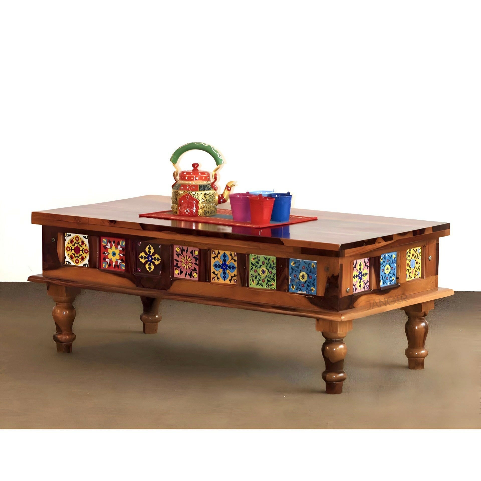 Elevate your living space with stunning sheesham wood coffee tables featuring intricate Rajasthani tile designs. Explore our center table curated selection for a touch of tradition in Bangalore.