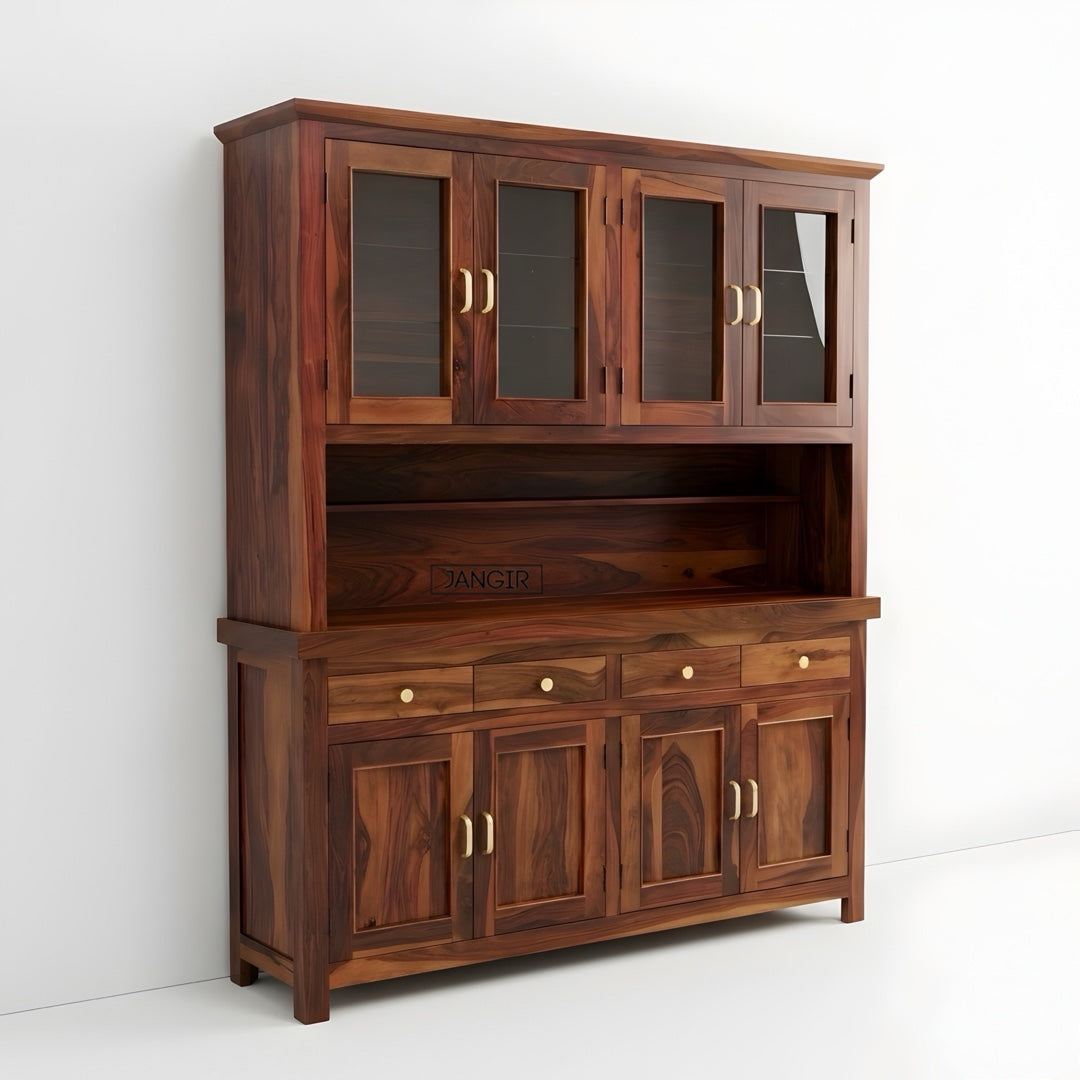 Elevate your dining space with our marval Sheesham Wood Crockery Unit. Buy now for sleek designer kitchen cabinet storage solutions near you in Bangalore