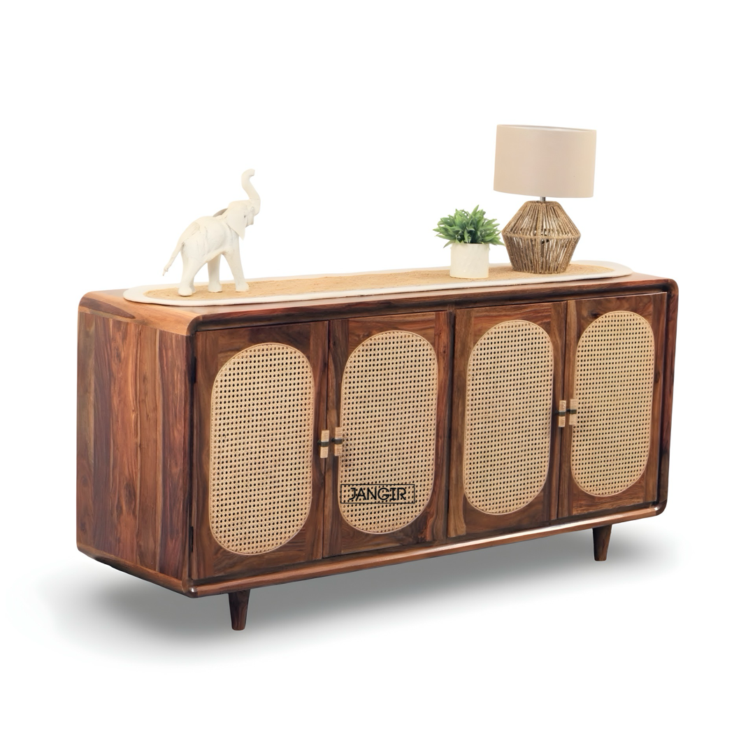 Elevate your home with the Parker Round Edge Cane Cabinet, sheesham wood made. Shop Rattan - Wicker Sideboard / cabinets online or near you in Bangalore today!