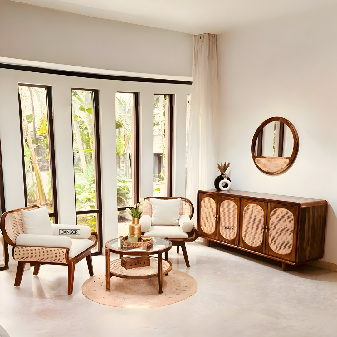 Elevate your home with the Parker Round Edge Cane Cabinet, sheesham wood made. Shop Rattan - Wicker Sideboard / cabinets online or near you in Bangalore today!