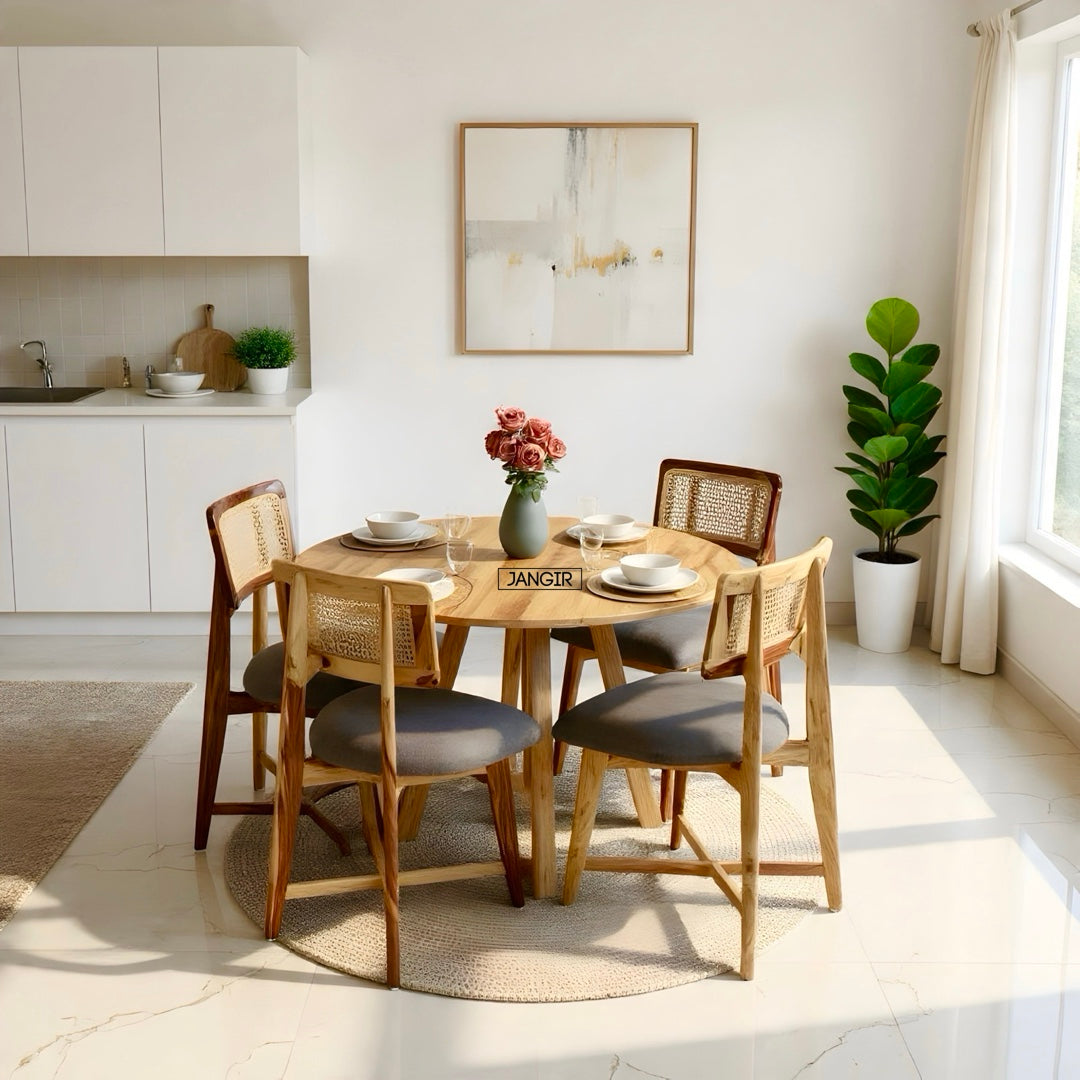 Seoul Sheesham Wood Round Dining Table Set With Cane Chair