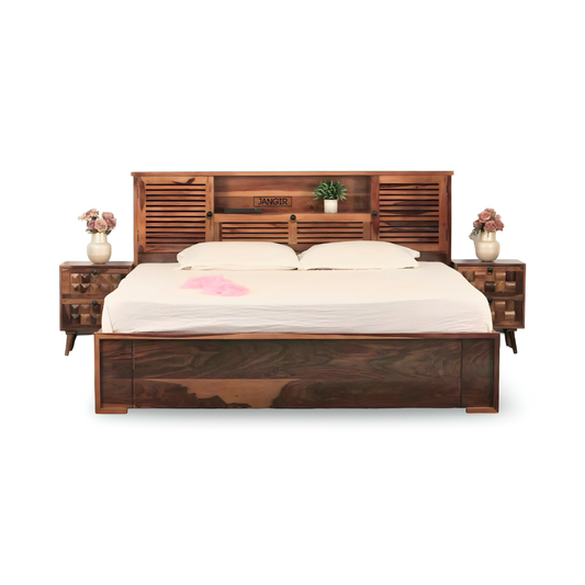 Discover the elegant Sheesham wood bed with sleek headboard storage. Buy king and queen size wooden beds near you in Bangalore to enhance your bedroom space!