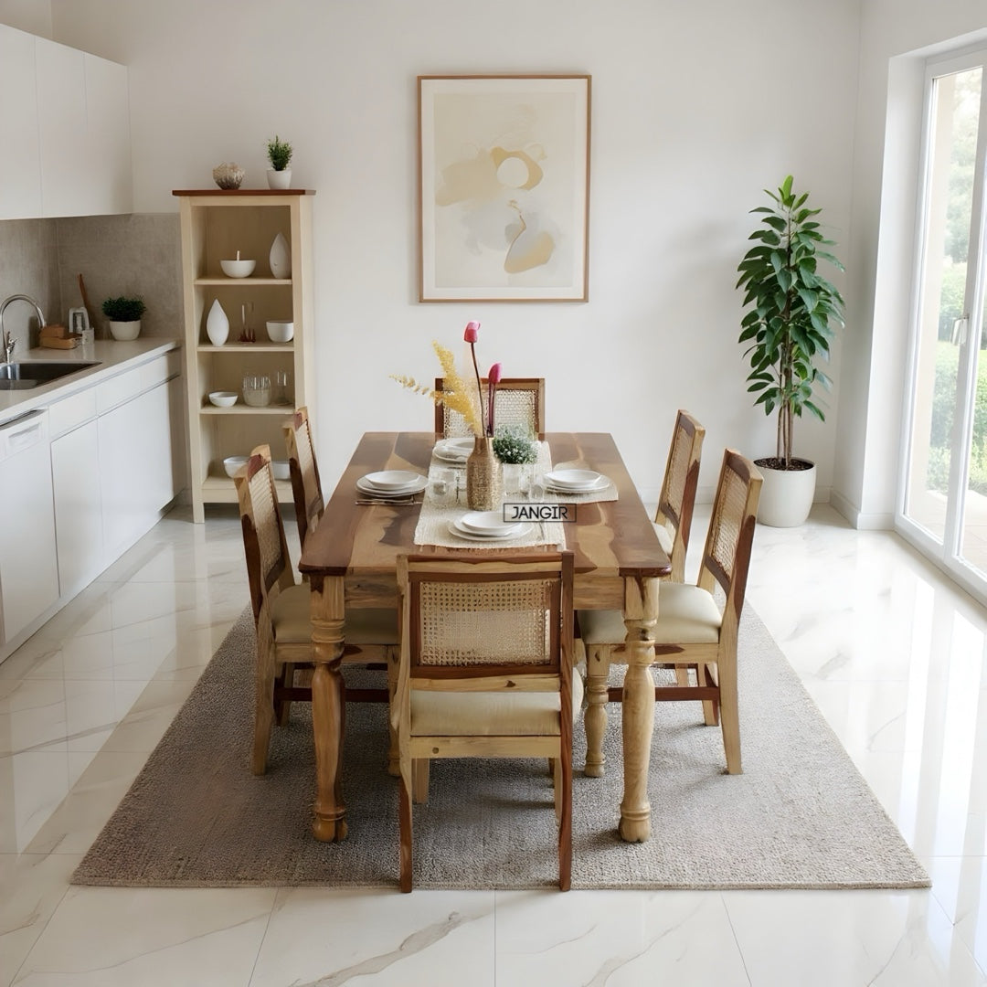 Elevate Your Dining room with our sheesham wood Nar Round Leg Dining Table With Cane Chairs. Buy Rattan-Wicker modern dining tables near you in Bangalore!