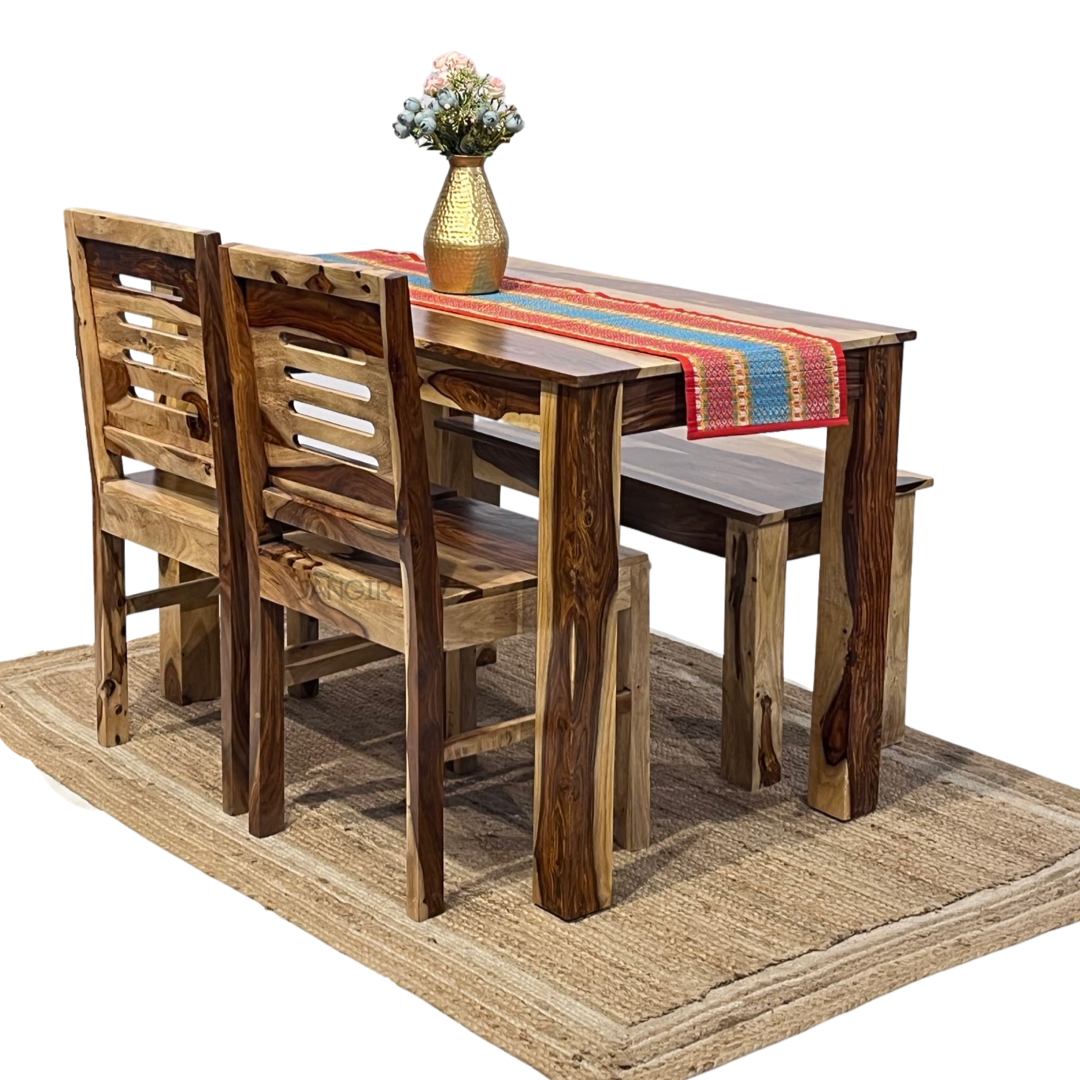 Elevate your dining room with our Apple Solid Wood Dining Table Set  with bench, made with sheesham wood. Buy lowest price four seater dining table in Bangalore