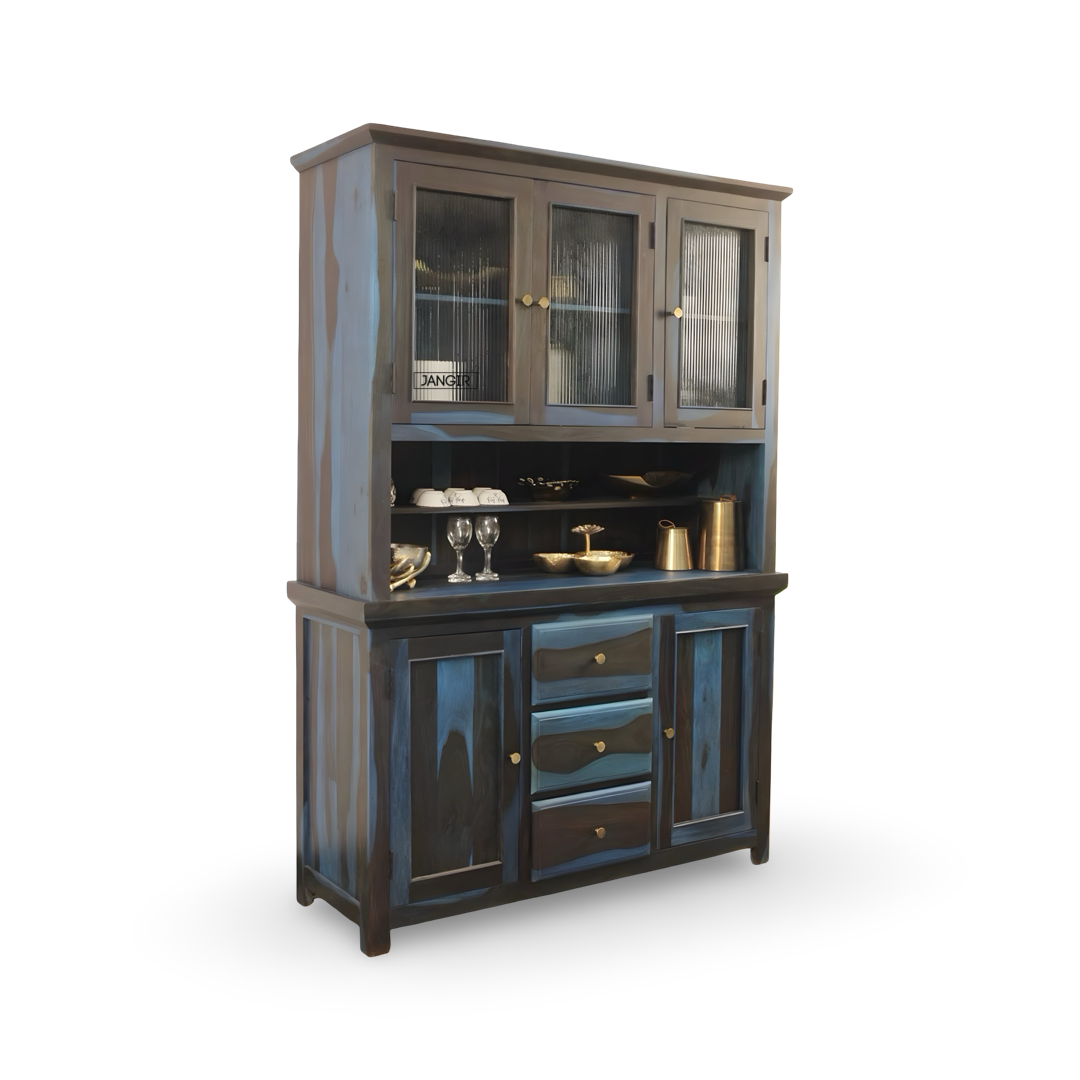 Elevate your dining space with the premium Blue Sheesham Wood Crockery Unit. Shop now for elegant crockery storage solutions near you in Bangalore