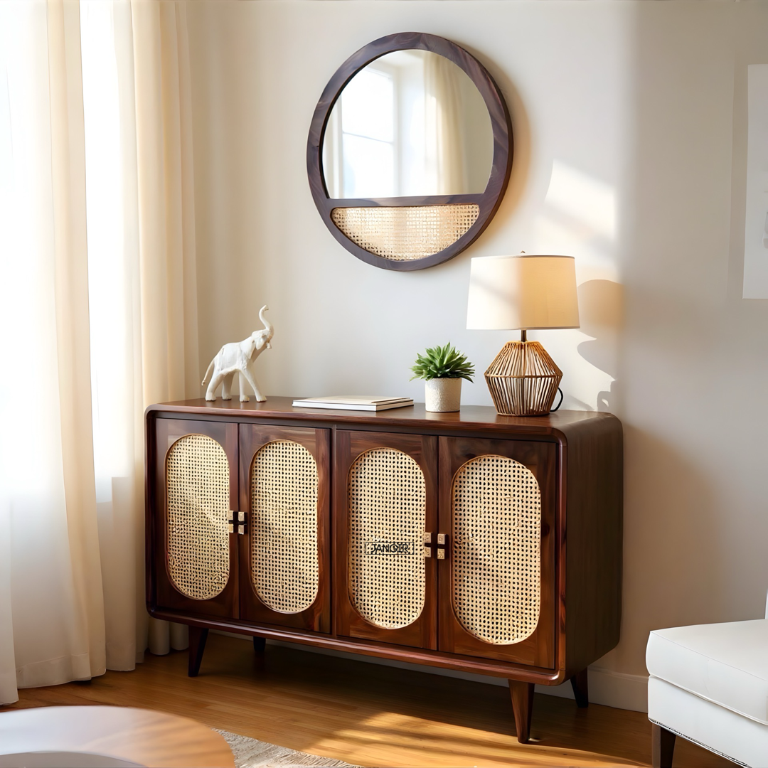 Elevate your home with the Parker Round Edge Cane Cabinet, sheesham wood made. Shop Rattan - Wicker Sideboard / cabinets online or near you in Bangalore today!