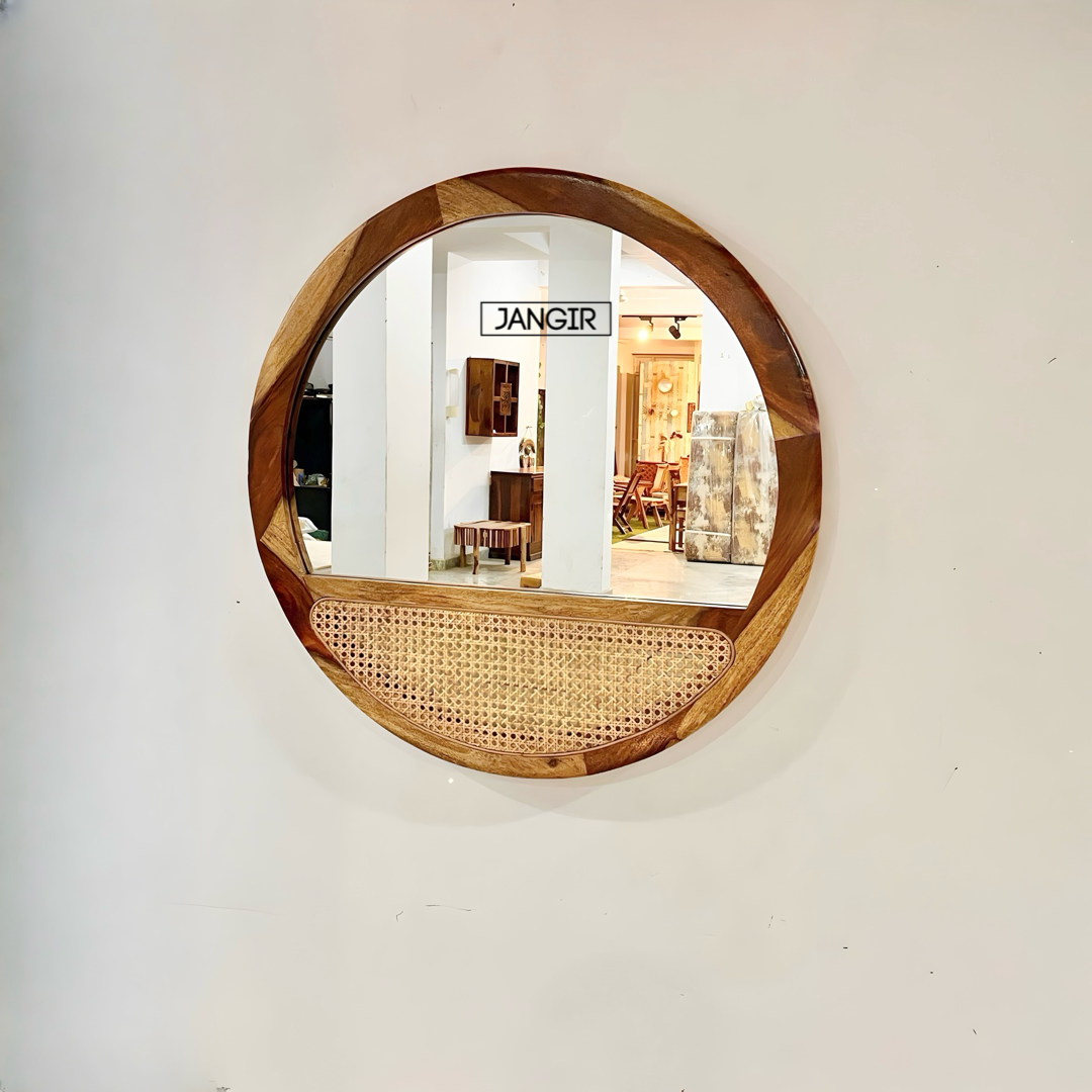 Brighten your space with sheesham wood and natural cane made round Mailla Cane Wall Mirror. Buy decorative wall mirror near you in Bangalore for home décor!